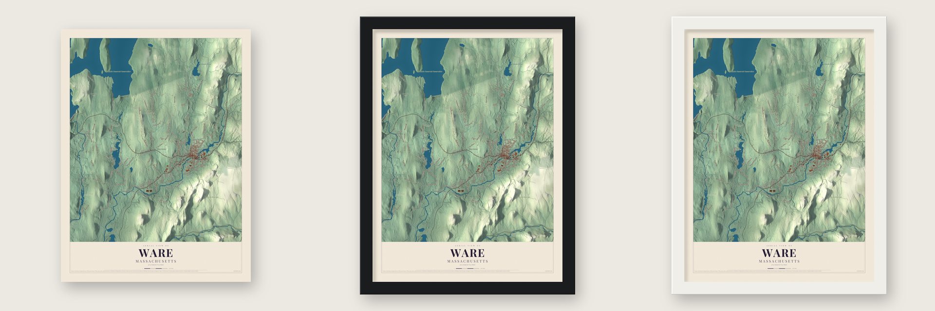 Ware, Massachusetts map unframed, in a black wood frame and in a white wood frame