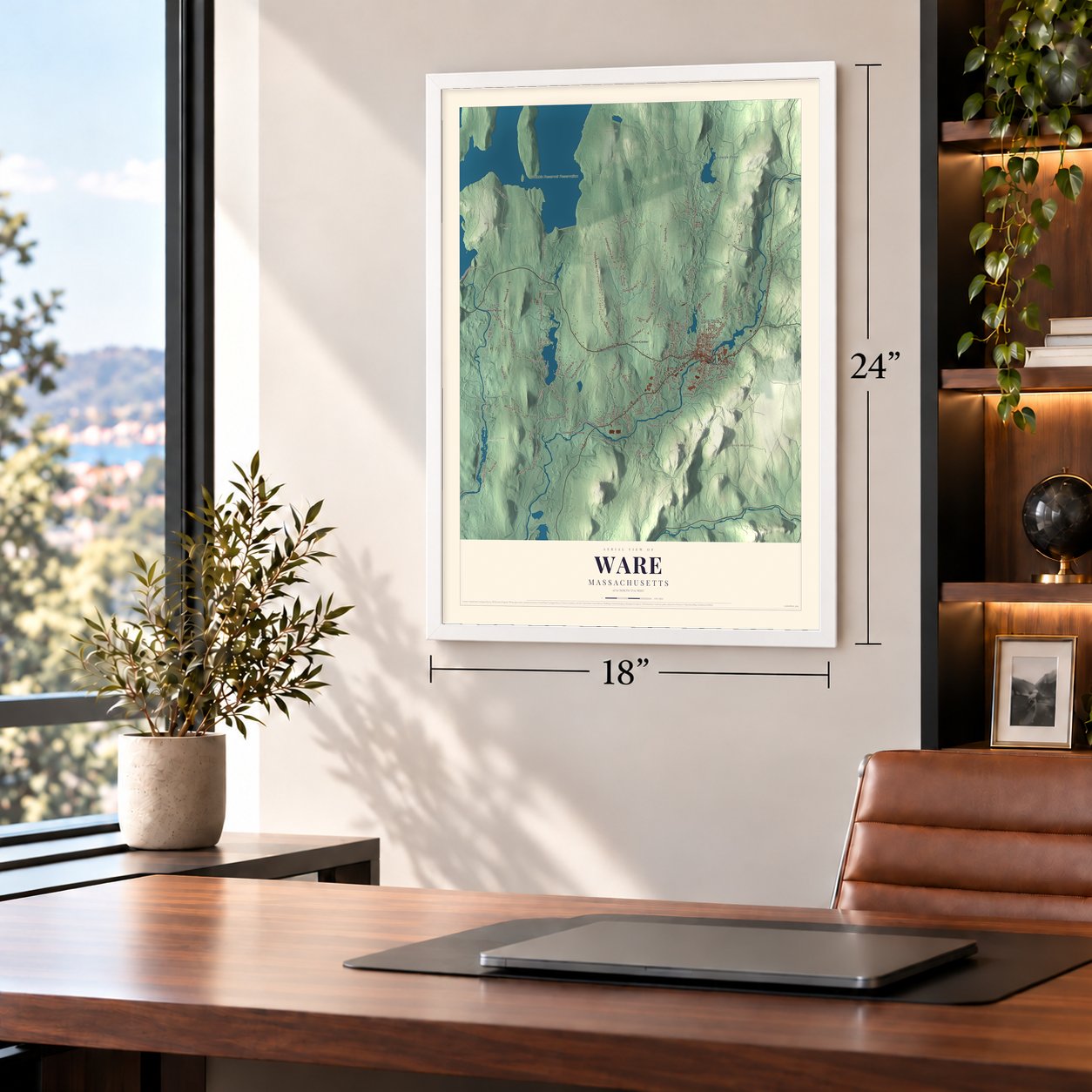 Ware, Massachusetts map, 18 x 24 inch print in a white frame in a home office