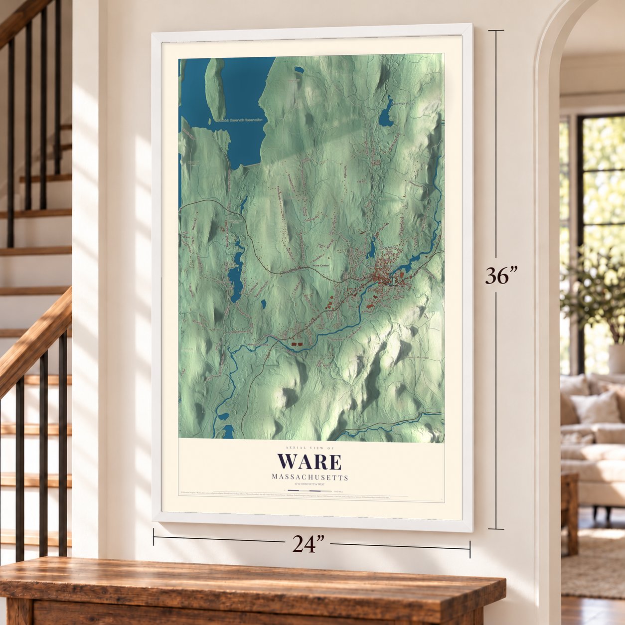 Ware, Massachusetts map, 24 x 36 inch print in a white frame by a staircase