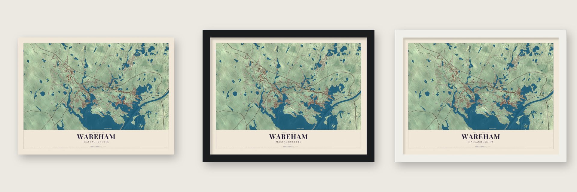 Wareham, Massachusetts map unframed, in a black wood frame and in a white wood frame