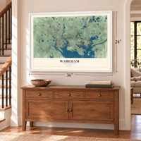 Wareham, Massachusetts map, 24 x 36 inch print in a white frame above a dresser by a staircase