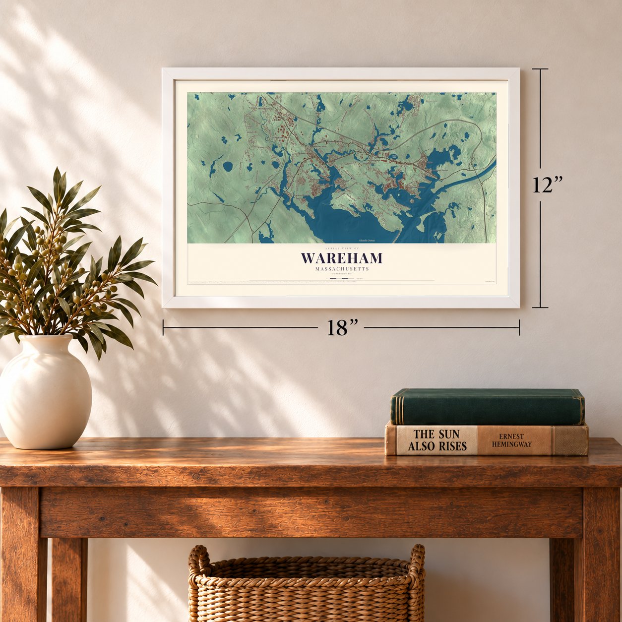 Wareham, Massachusetts map, 12 x 18 inch print in a white frame in an entryway