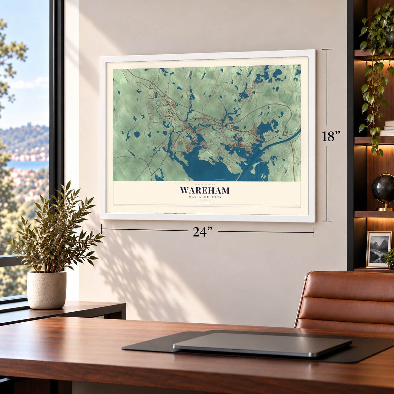 Wareham, Massachusetts map, 18 x 24 inch print in a white frame in a home office