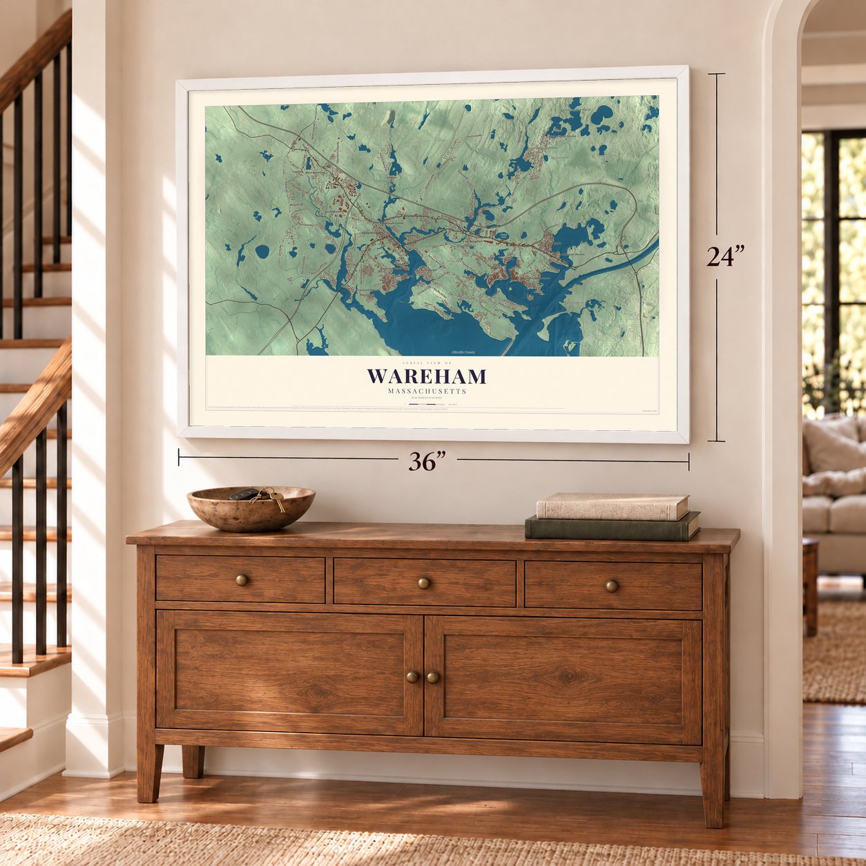 Wareham, Massachusetts map, 24 x 36 inch print in a white frame above a dresser by a staircase