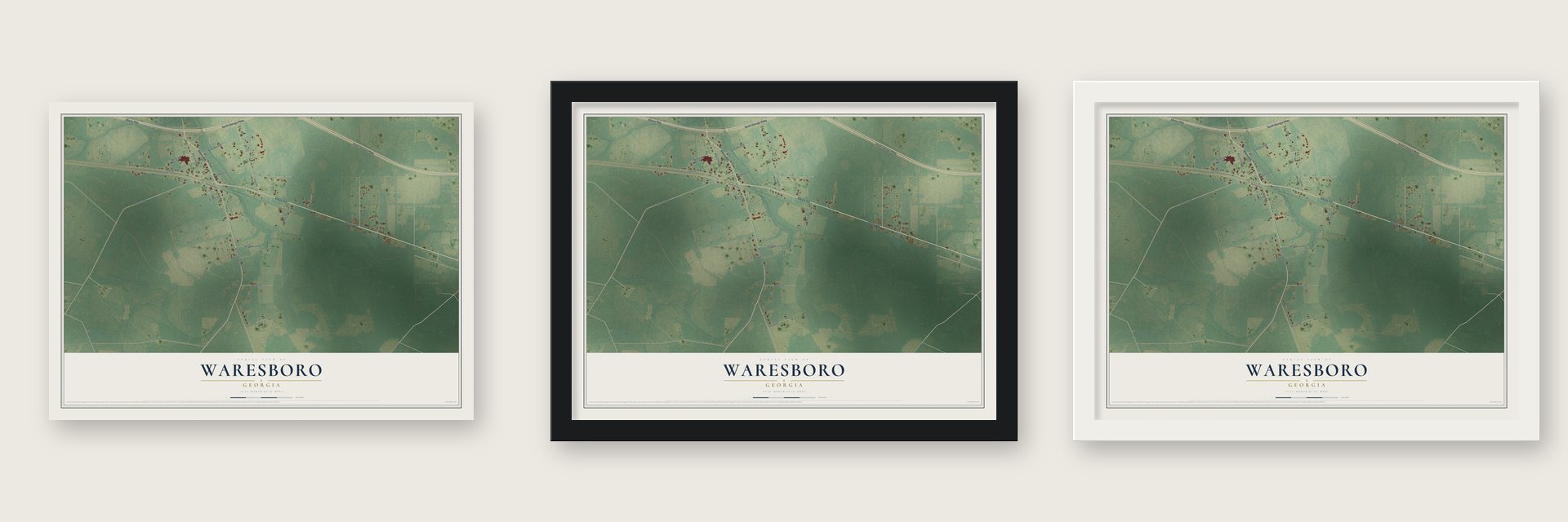 Waresboro, Georgia map unframed, in a black wood frame and in a white wood frame