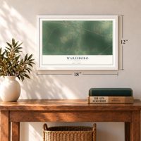 Waresboro, Georgia map, 12 x 18 inch print in a white frame in an entryway