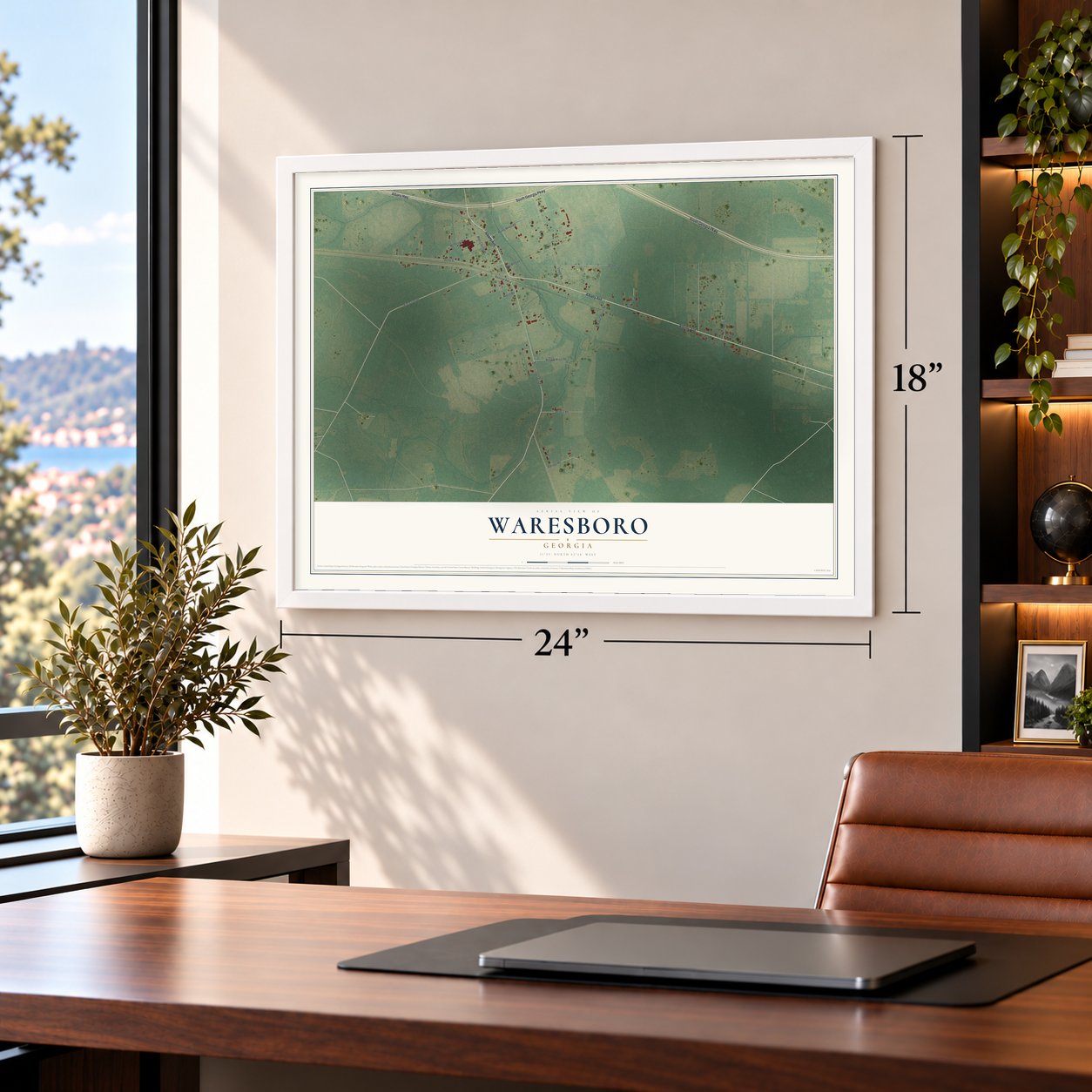 Waresboro, Georgia map, 18 x 24 inch print in a white frame in a home office