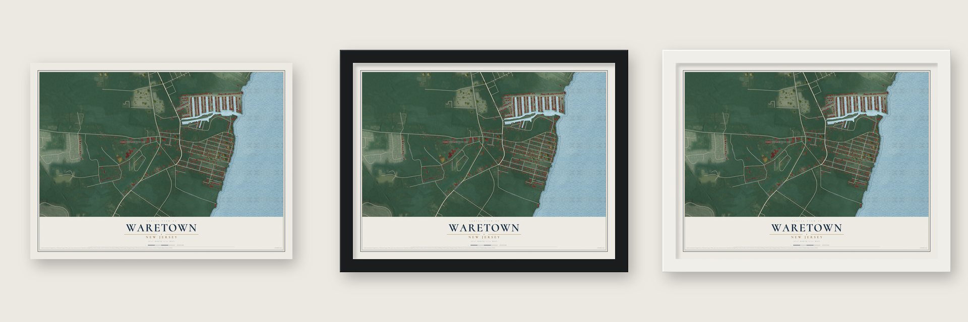 Waretown, New Jersey map unframed, in a black wood frame and in a white wood frame