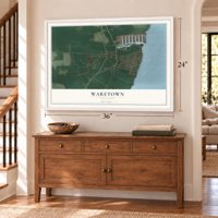 Waretown, New Jersey map, 24 x 36 inch print in a white frame above a dresser by a staircase