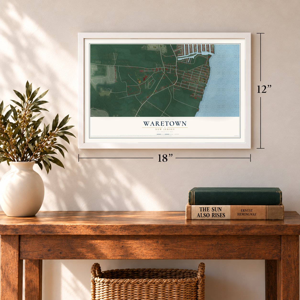 Waretown, New Jersey map, 12 x 18 inch print in a white frame in an entryway