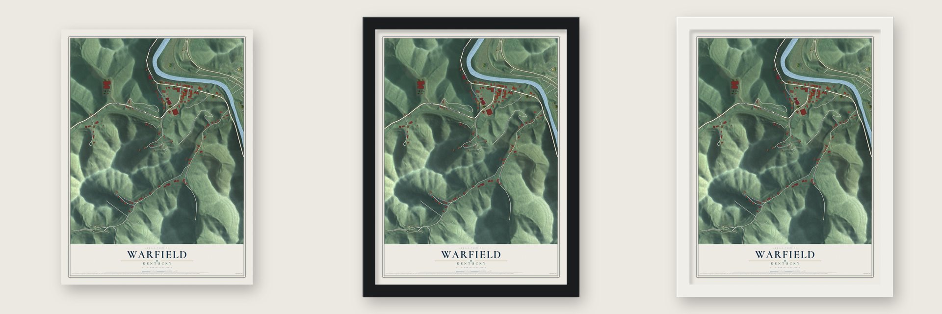 Warfield, Kentucky map unframed, in a black wood frame and in a white wood frame