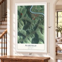 Warfield, Kentucky map, 24 x 36 inch print in a white frame by a staircase