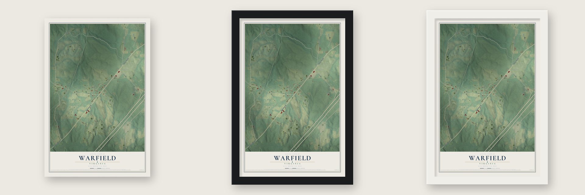 Warfield, Virginia map unframed, in a black wood frame and in a white wood frame