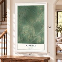 Warfield, Virginia map, 24 x 36 inch print in a white frame by a staircase