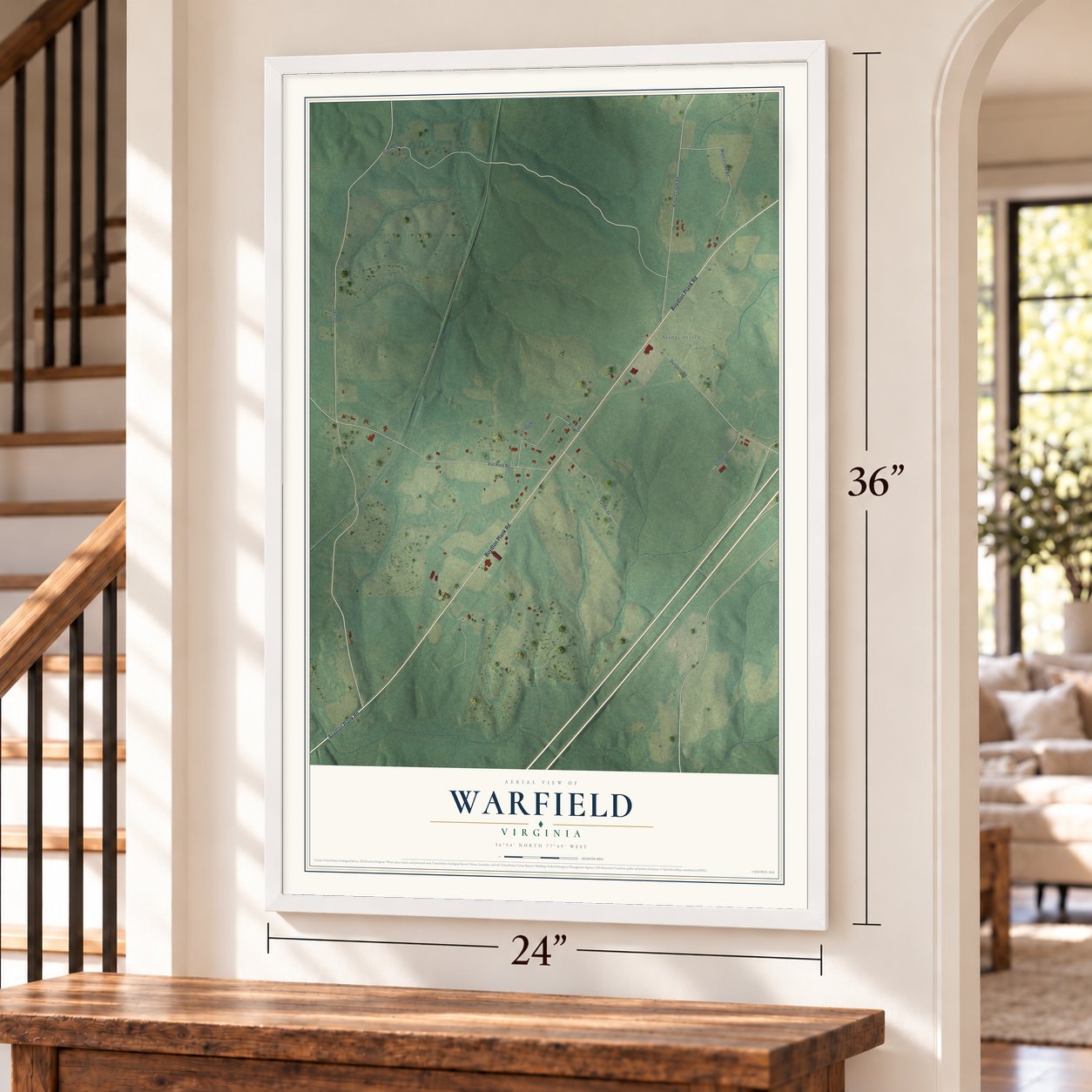 Warfield, Virginia map, 24 x 36 inch print in a white frame by a staircase