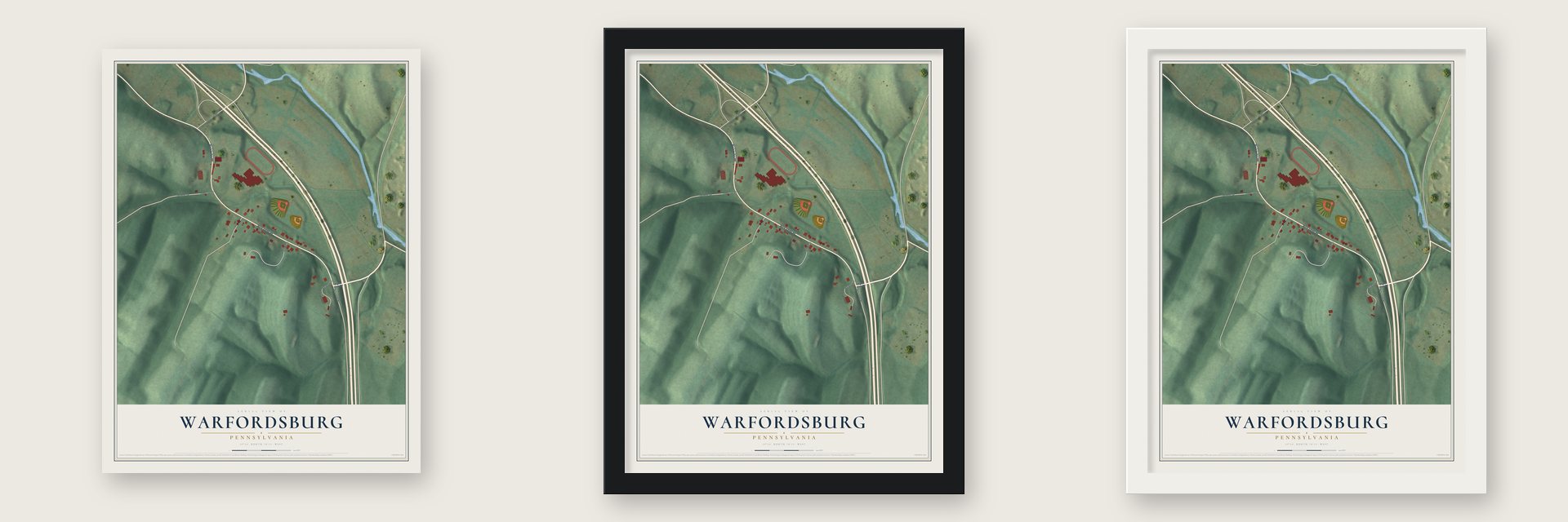 Warfordsburg, Pennsylvania map unframed, in a black wood frame and in a white wood frame