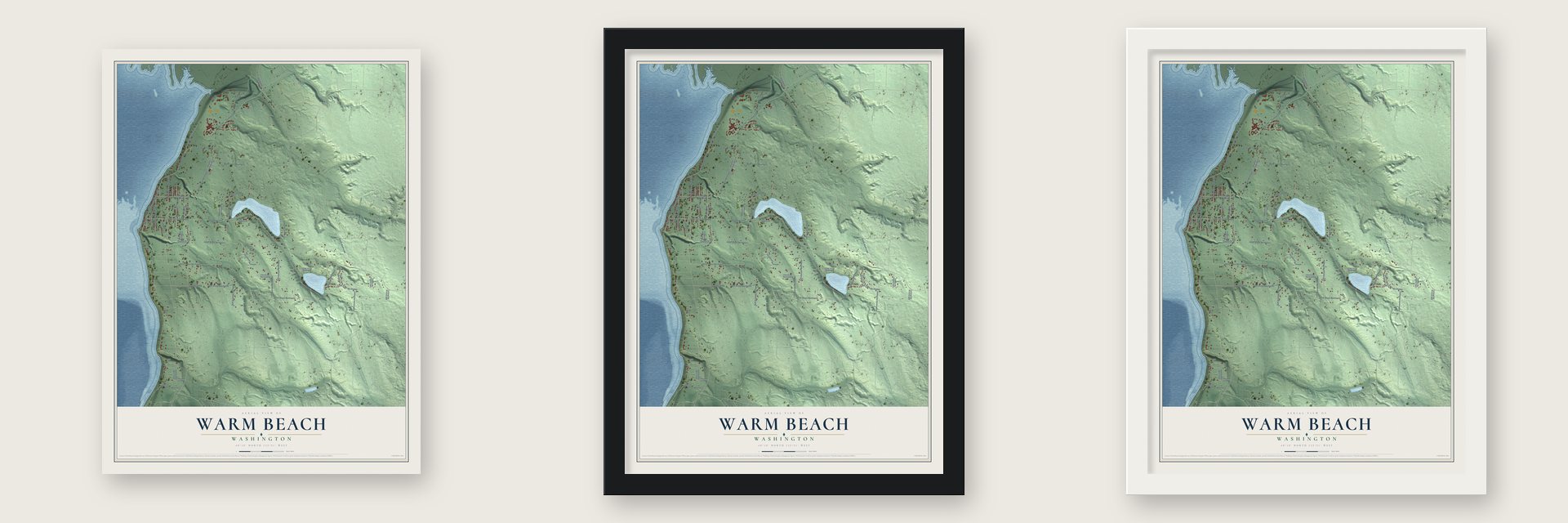 Warm Beach, Washington map unframed, in a black wood frame and in a white wood frame