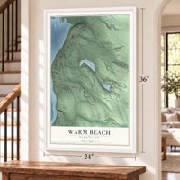 Warm Beach, Washington map, 24 x 36 inch print in a white frame by a staircase