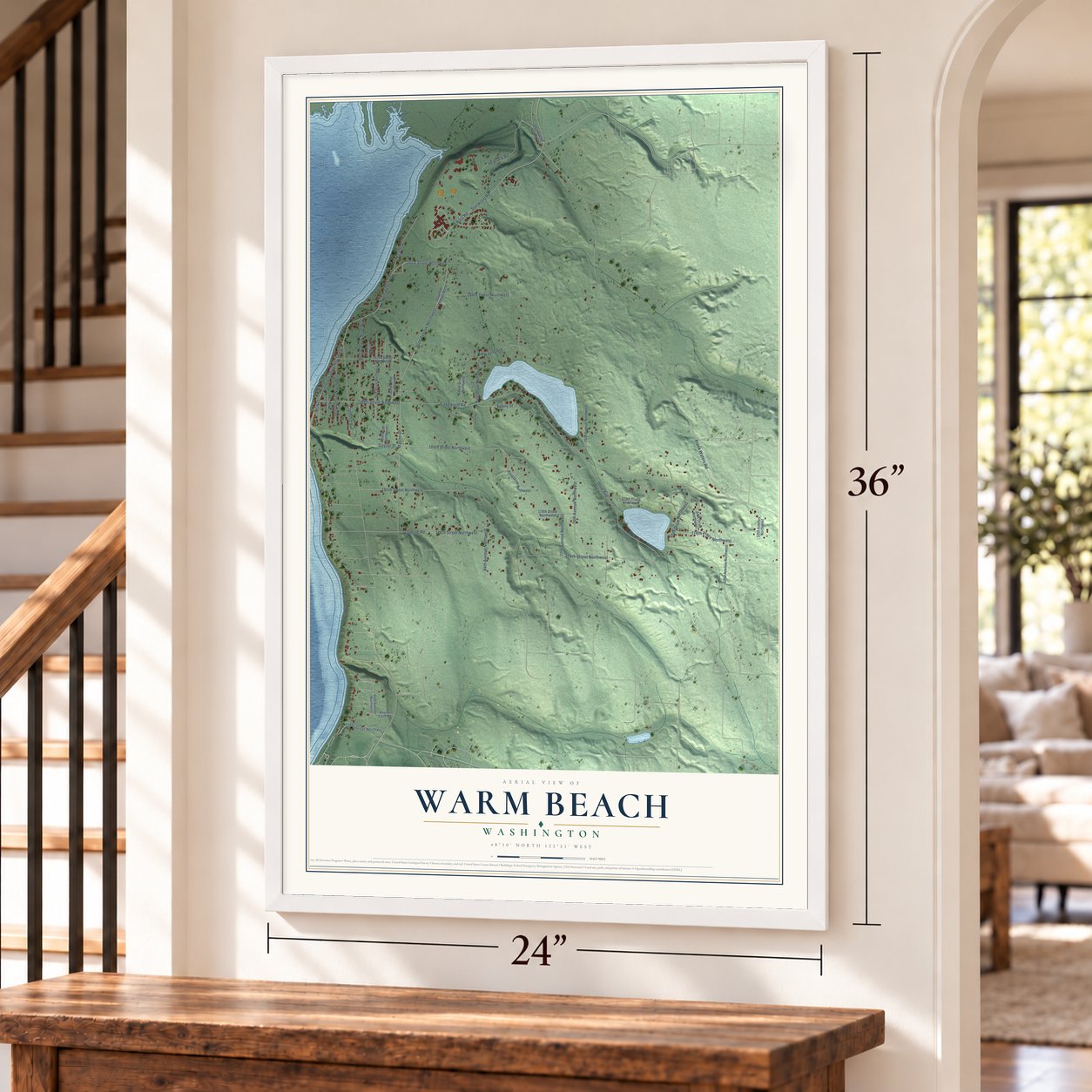 Warm Beach, Washington map, 24 x 36 inch print in a white frame by a staircase