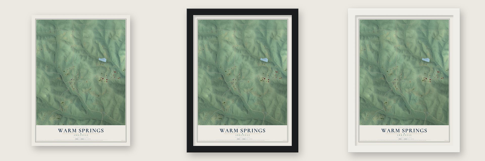 Warm Springs, Arkansas map unframed, in a black wood frame and in a white wood frame