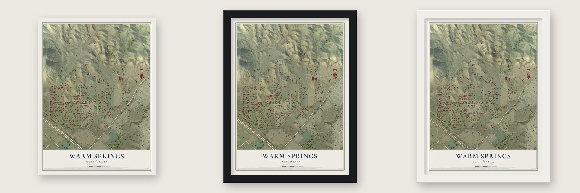 Warm Springs, California map unframed, in a black wood frame and in a white wood frame
