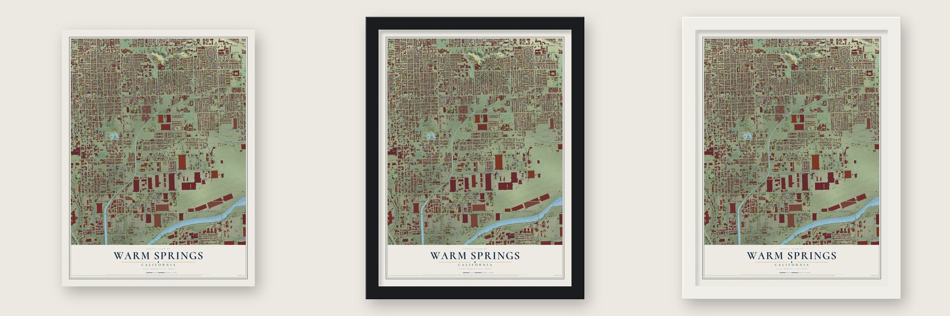 Warm Springs, San Bernardino County, California map unframed, in a black wood frame and in a white wood frame