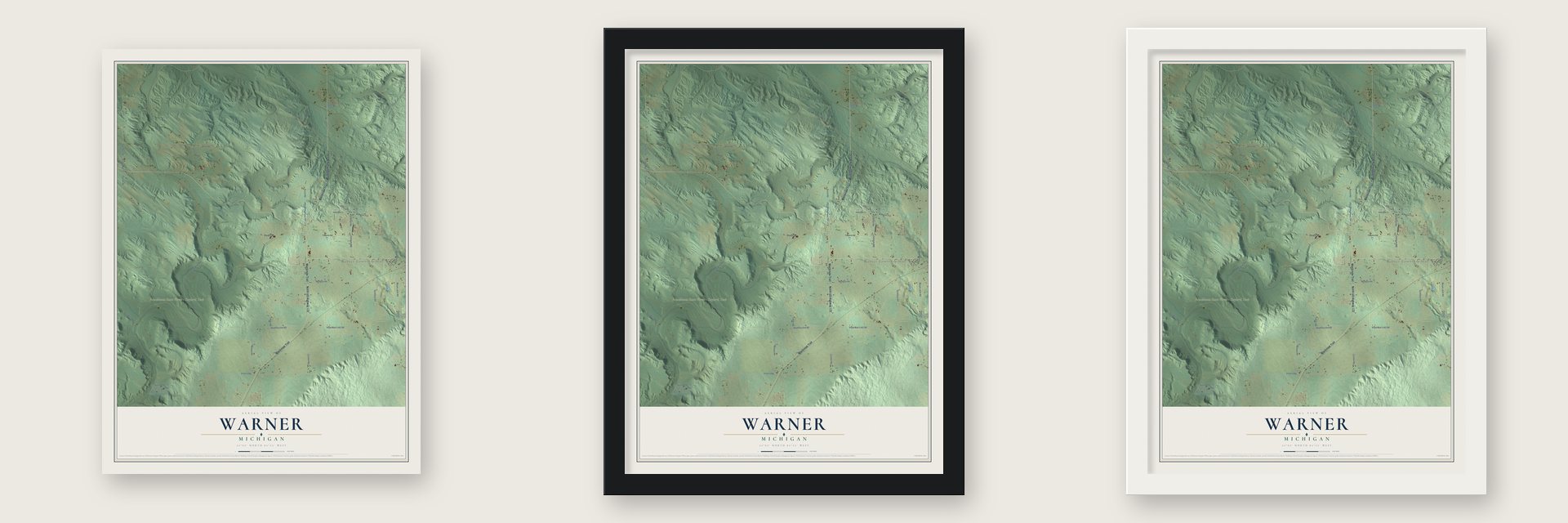 Warner, Michigan map unframed, in a black wood frame and in a white wood frame
