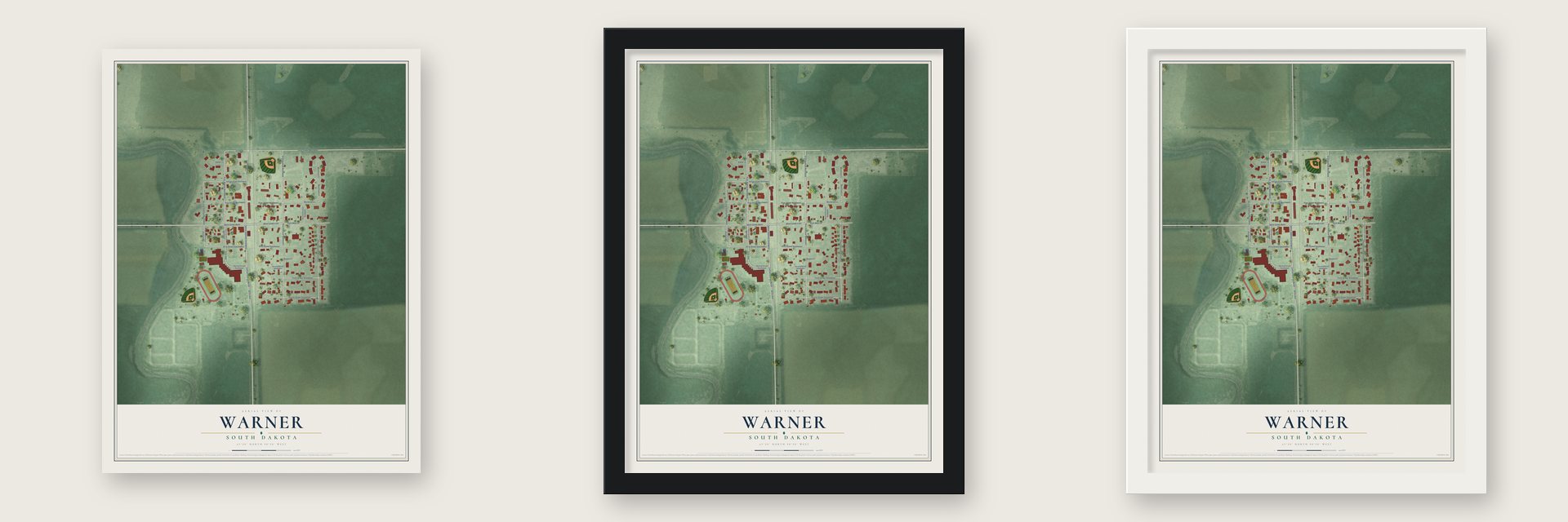 Warner, South Dakota map unframed, in a black wood frame and in a white wood frame