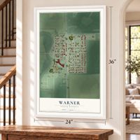 Warner, South Dakota map, 24 x 36 inch print in a white frame by a staircase