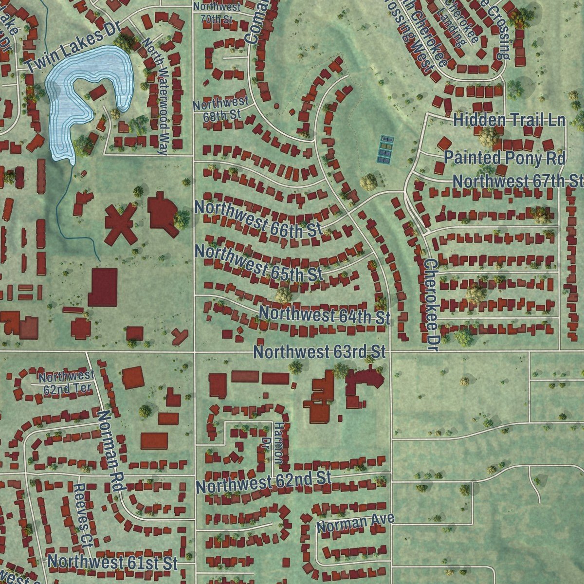 Second close-up of the map of Warr Acres, Oklahoma print showing more streets and buildings
