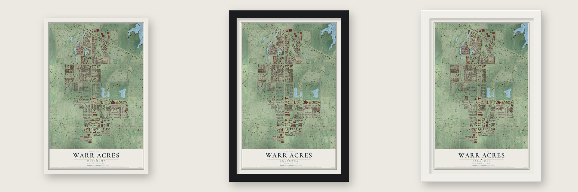 Warr Acres, Oklahoma map unframed, in a black wood frame and in a white wood frame