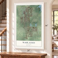 Warr Acres, Oklahoma map, 24 x 36 inch print in a white frame by a staircase