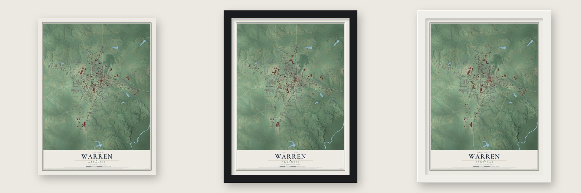 Warren, Arkansas map unframed, in a black wood frame and in a white wood frame