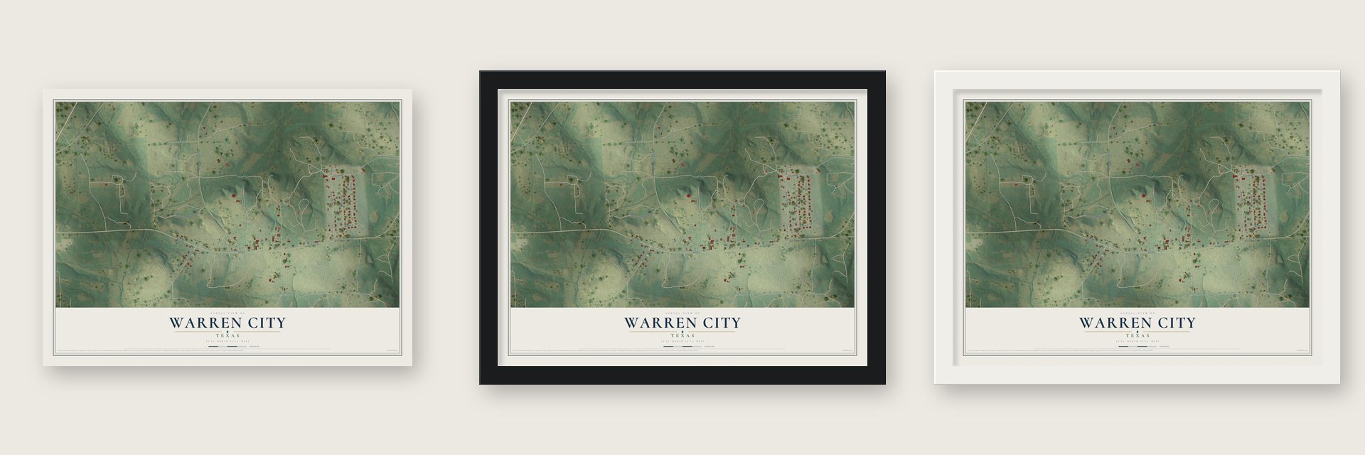 Warren City, Texas map unframed, in a black wood frame and in a white wood frame