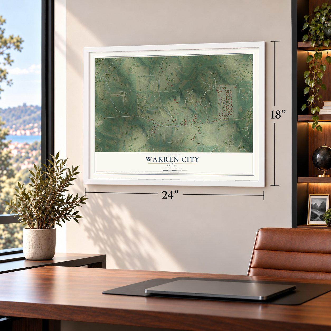 Warren City, Texas map, 18 x 24 inch print in a white frame in a home office