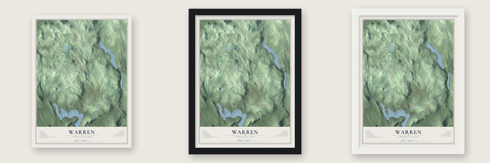 Warren, Connecticut map unframed, in a black wood frame and in a white wood frame