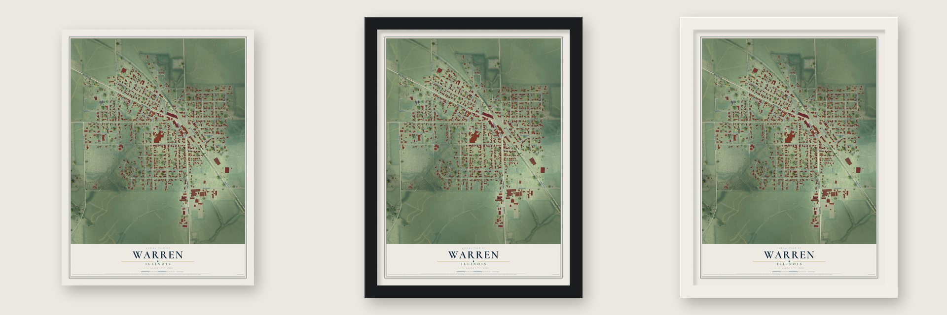 Warren, Illinois map unframed, in a black wood frame and in a white wood frame