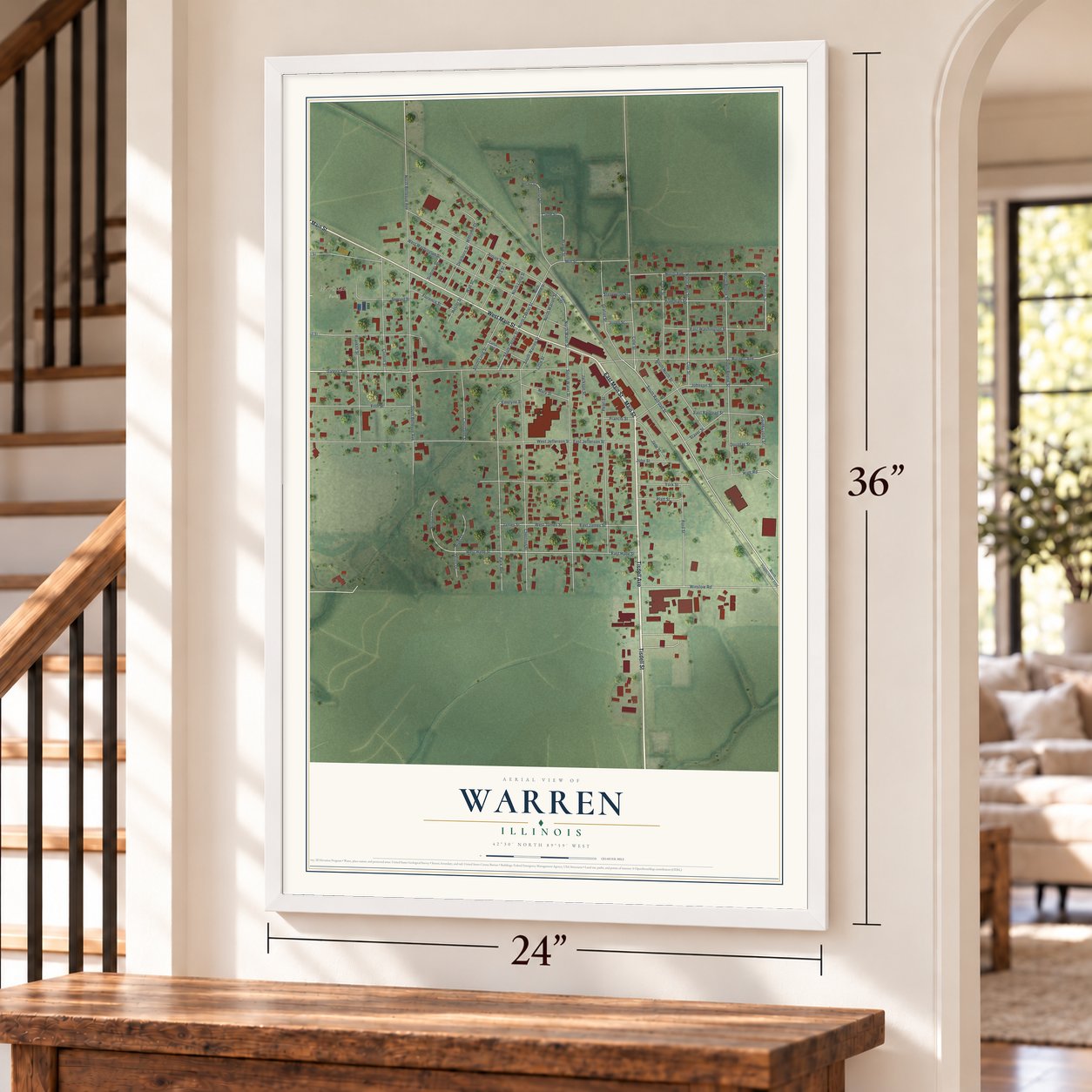 Warren, Illinois map, 24 x 36 inch print in a white frame by a staircase