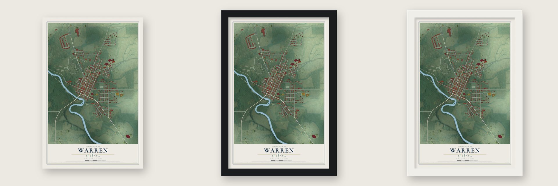 Warren, Indiana map unframed, in a black wood frame and in a white wood frame