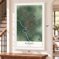 Warren, Indiana map, 24 x 36 inch print in a white frame by a staircase