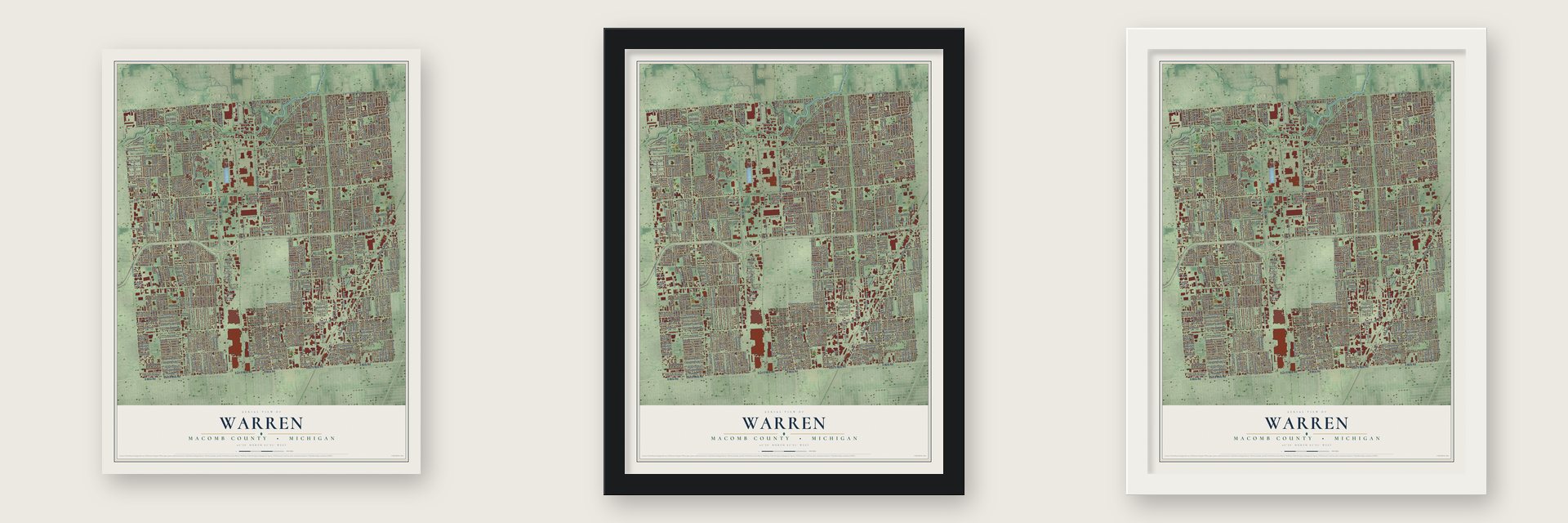 Warren, Macomb County, Michigan map unframed, in a black wood frame and in a white wood frame