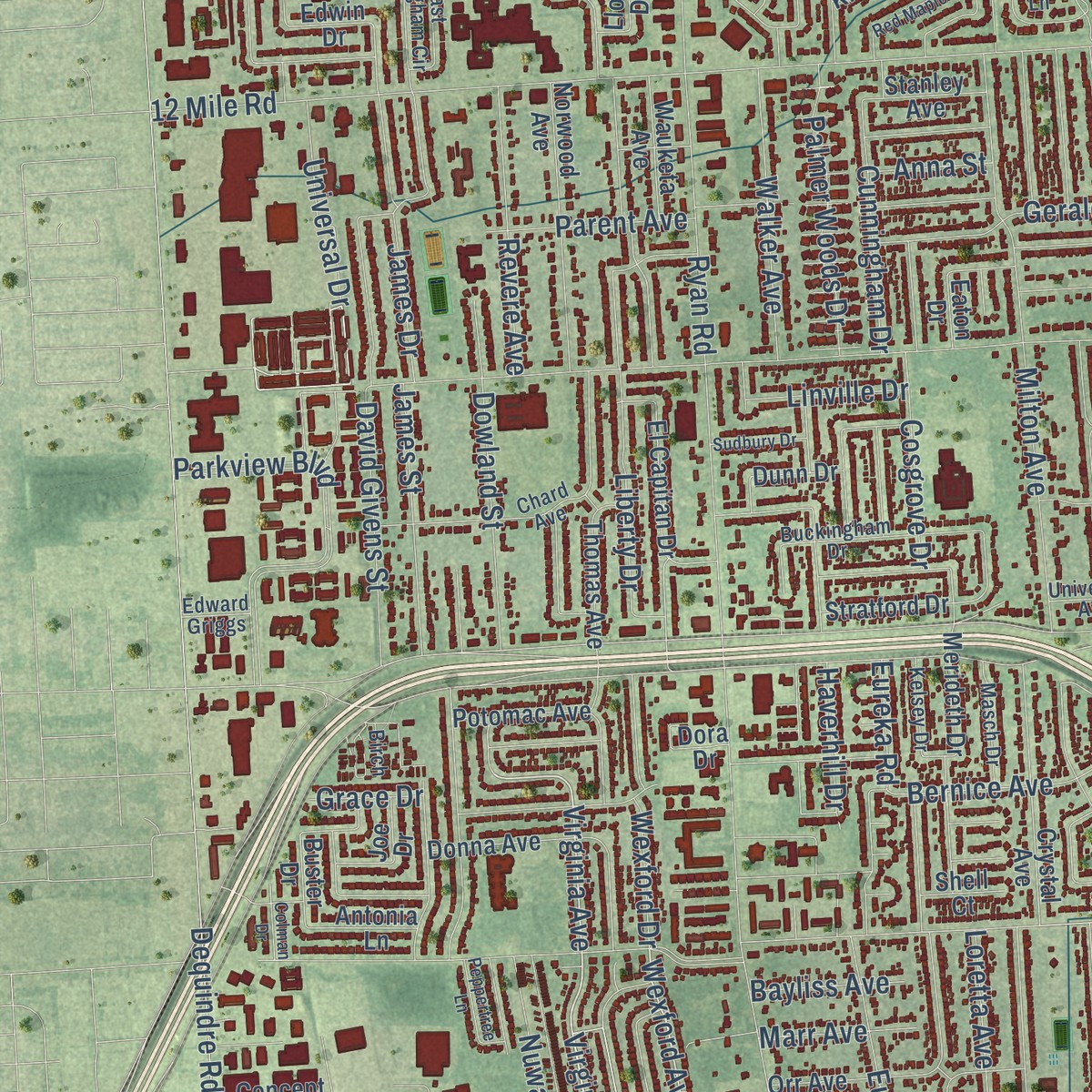 Second close-up of the map of Warren, Macomb County, Michigan print showing more streets and buildings