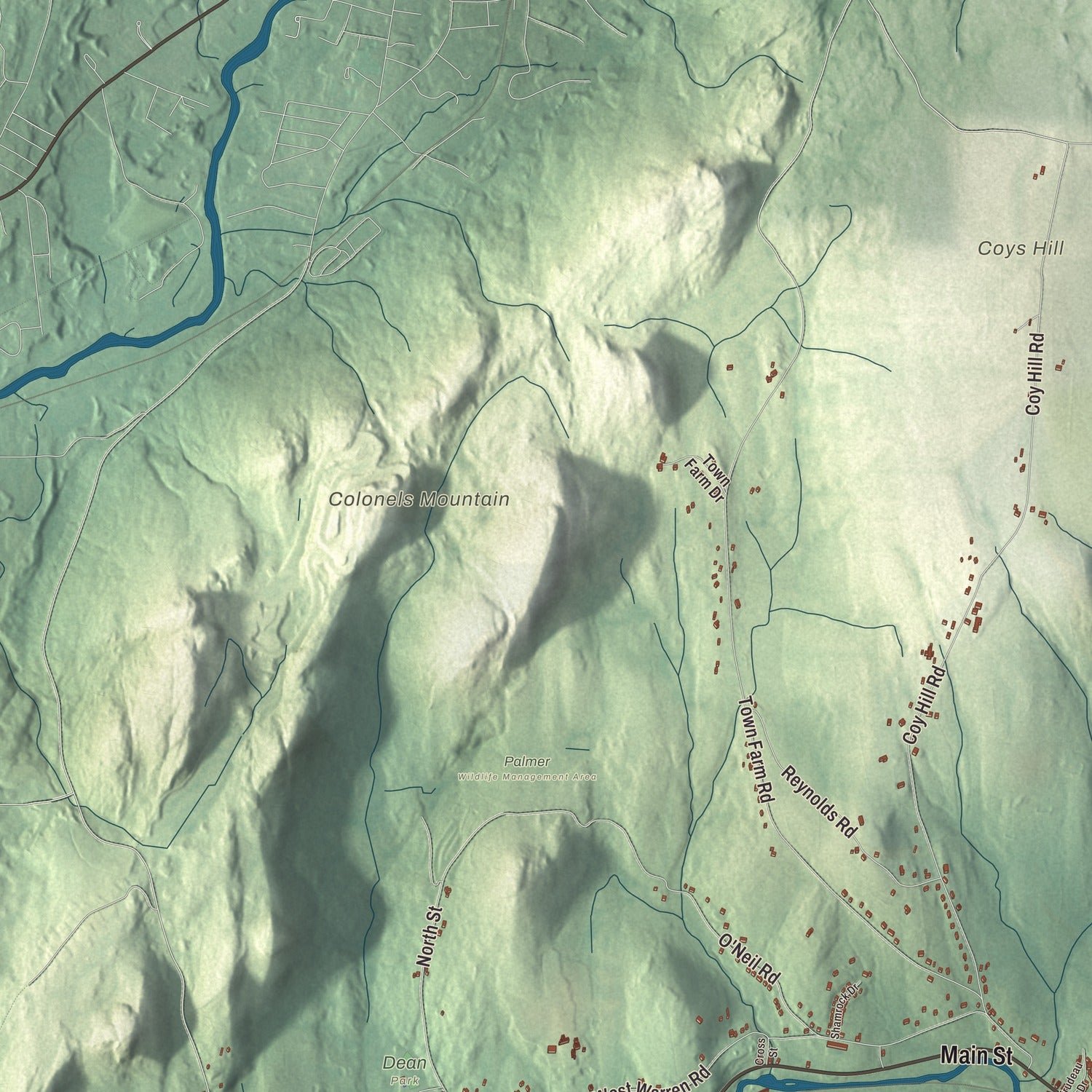 Close-up of the map of Warren, Massachusetts print showing terrain and local geography