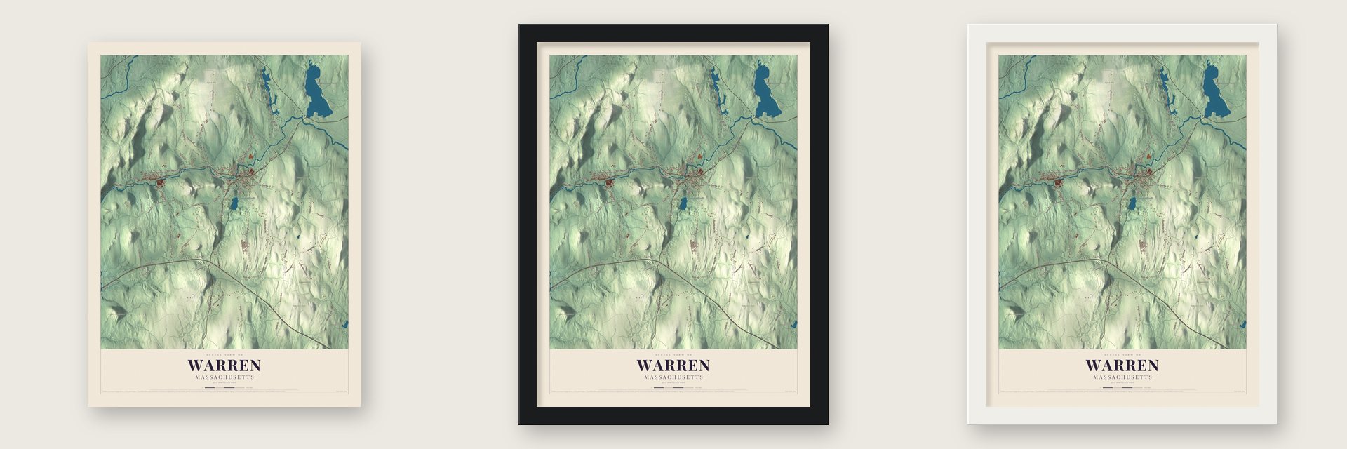 Warren, Massachusetts map unframed, in a black wood frame and in a white wood frame