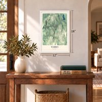 Warren, Massachusetts map, 12 x 18 inch print in a white frame in an entryway