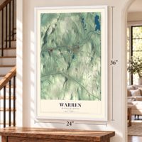Warren, Massachusetts map, 24 x 36 inch print in a white frame by a staircase