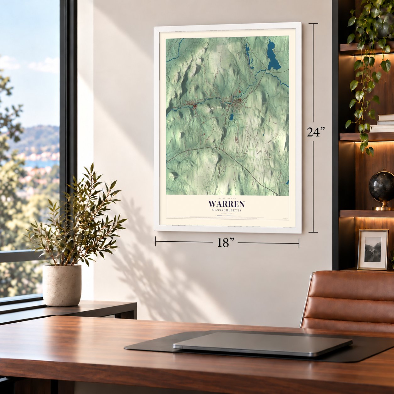 Warren, Massachusetts map, 18 x 24 inch print in a white frame in a home office