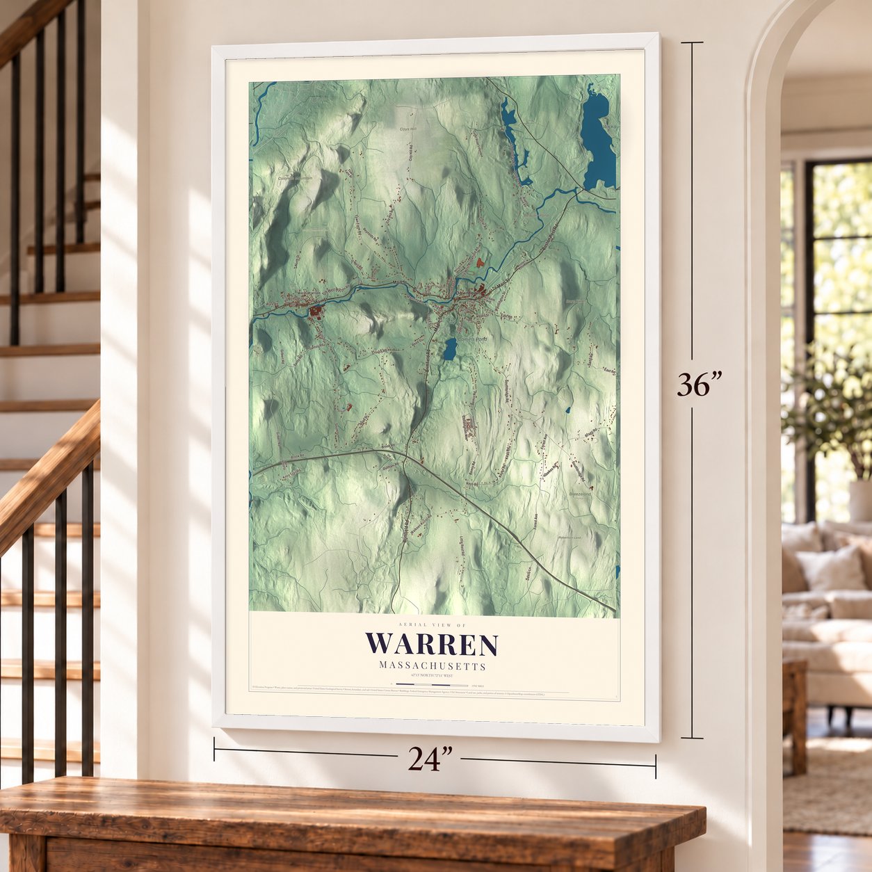 Warren, Massachusetts map, 24 x 36 inch print in a white frame by a staircase