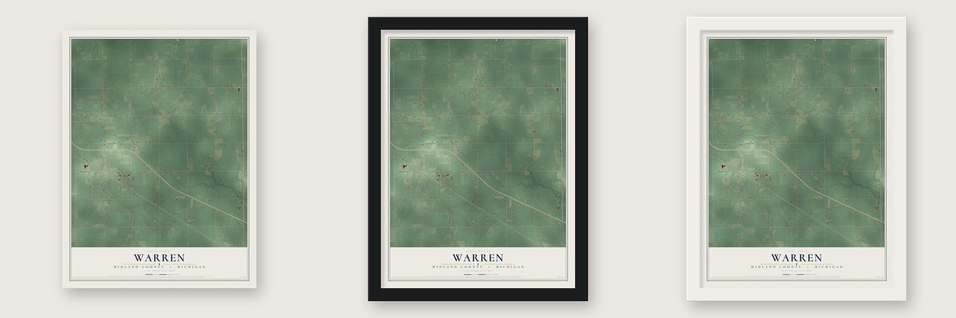 Warren, Midland County, Michigan map unframed, in a black wood frame and in a white wood frame