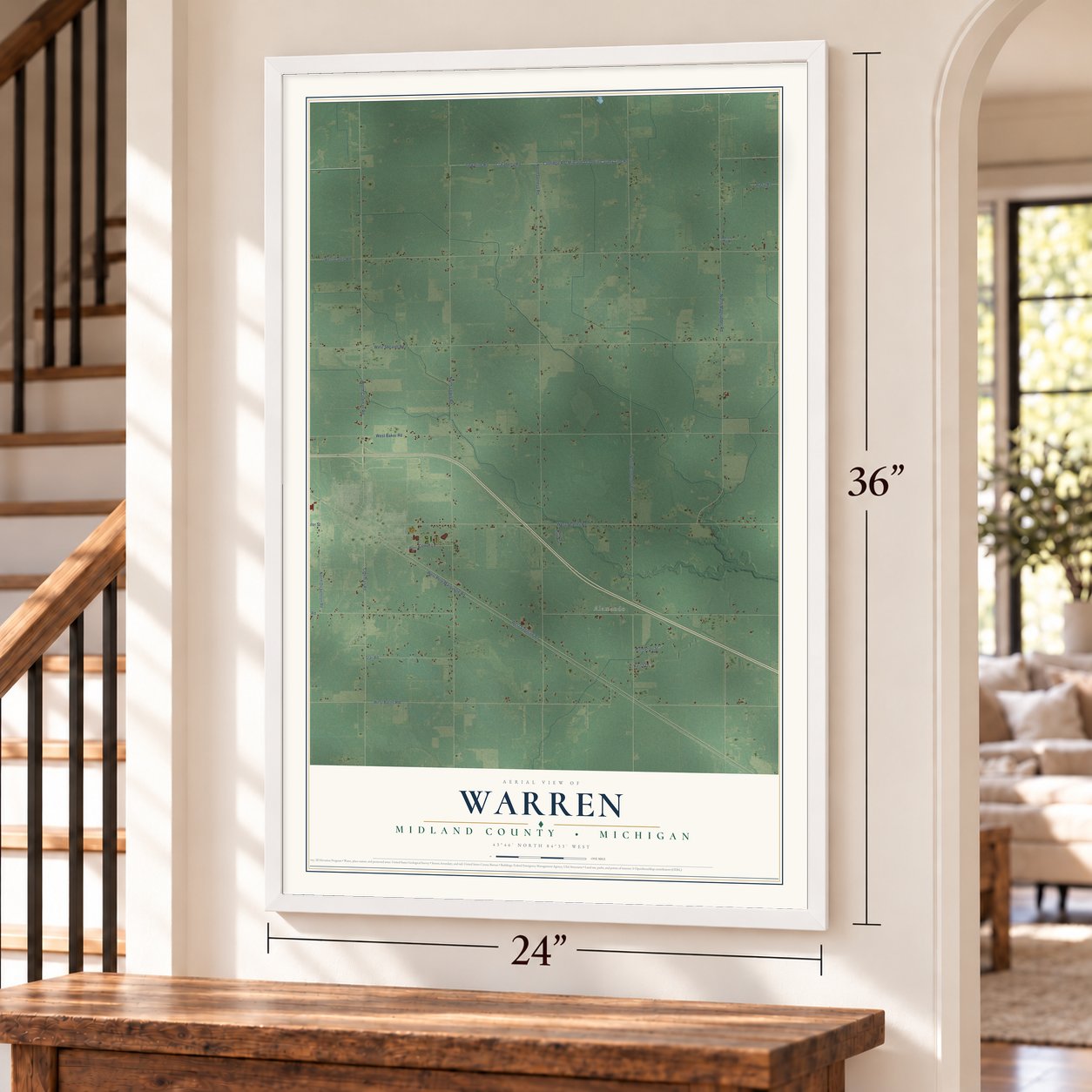 Warren, Midland County, Michigan map, 24 x 36 inch print in a white frame by a staircase